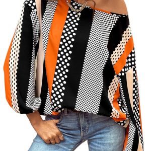 Women's Orange Polka Dot and Vertical Striped Puff Sleeve Blouse - Elegant Casual Top - Main View