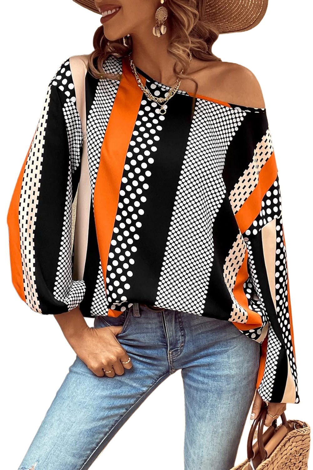 Women's Orange Polka Dot and Vertical Striped Puff Sleeve Blouse - Elegant Casual Top - Main View Women's Orange Polka Dot and Vertical Striped Puff Sleeve Blouse - Elegant Casual Top - Main View