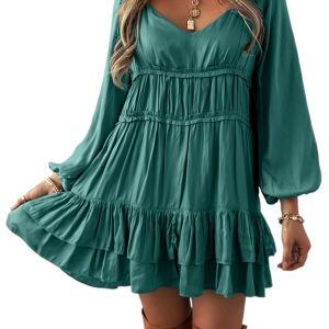 Women's Mist Green Tiered Ruffled Puff Sleeve Mini Dress - Elegant & Playful - Main View