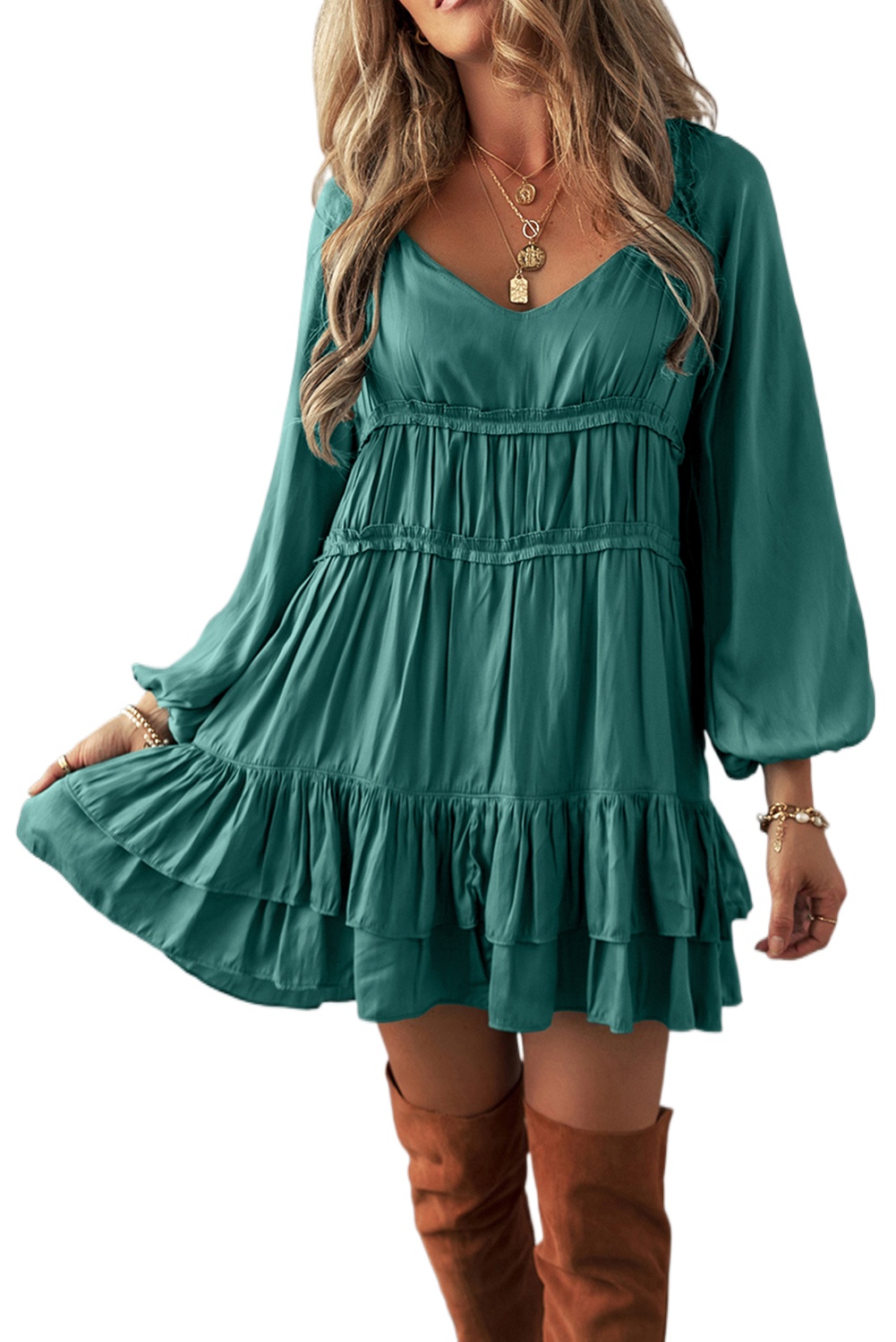 Women's Mist Green Tiered Ruffled Puff Sleeve Mini Dress - Elegant & Playful - Main View Women's Mist Green Tiered Ruffled Puff Sleeve Mini Dress - Elegant & Playful - Main View