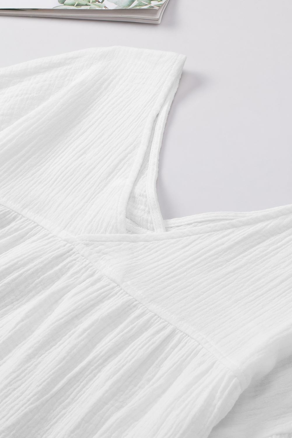 Casual White Cotton Blouse, Relaxed Fit Ruched Babydoll Top - Detail View 8 Casual White Cotton Blouse, Relaxed Fit Ruched Babydoll Top - Detail View 8