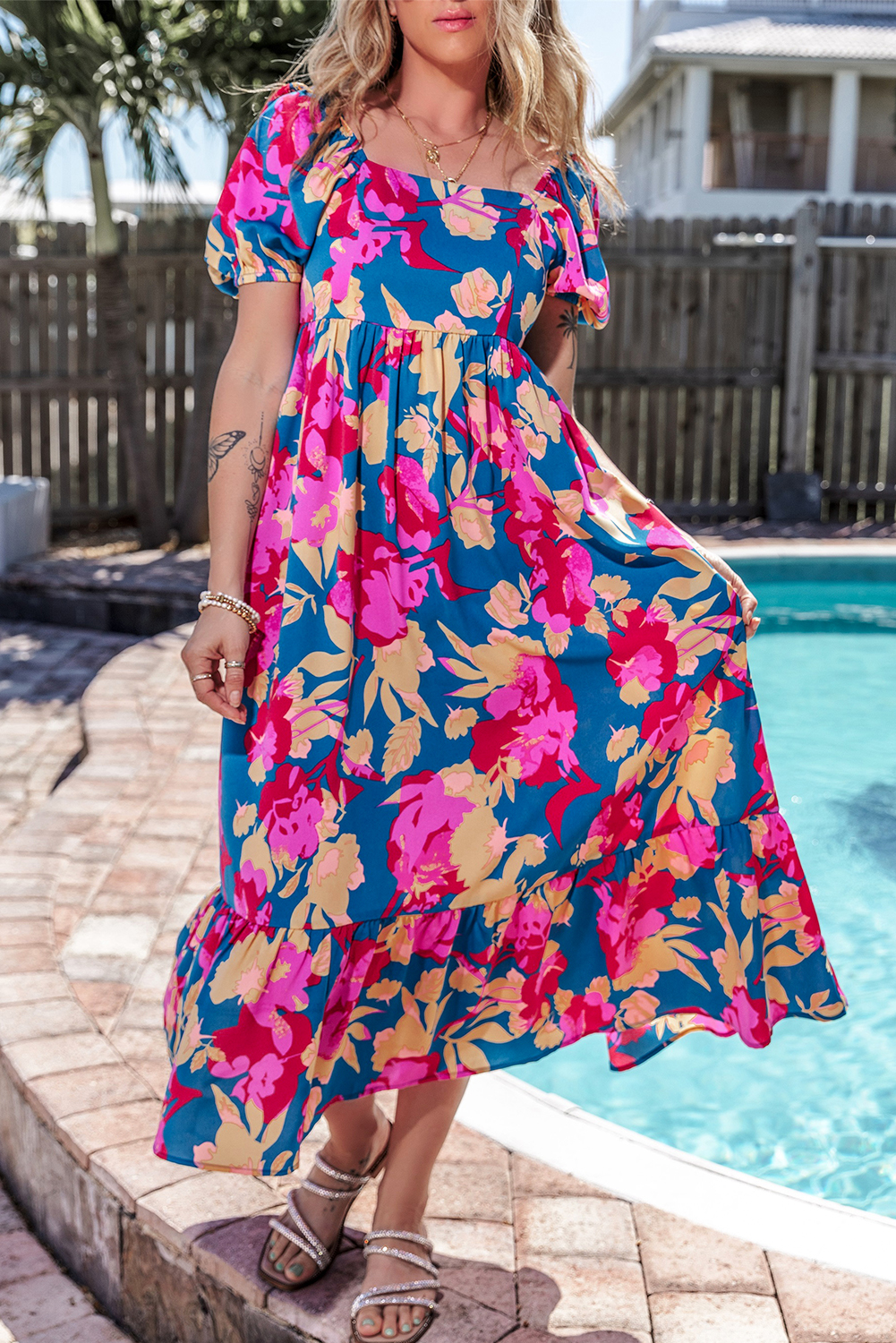Boho Floral Puff Sleeve Dress, Flowy High Waist Long Gown - Detail View 2 Boho Floral Puff Sleeve Dress, Flowy High Waist Long Gown - Detail View 2