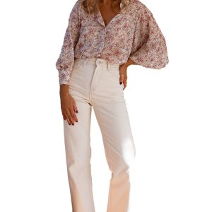 Women's Pink Floral Print Bishop Sleeve Collared V-Neck Shirt - Main View