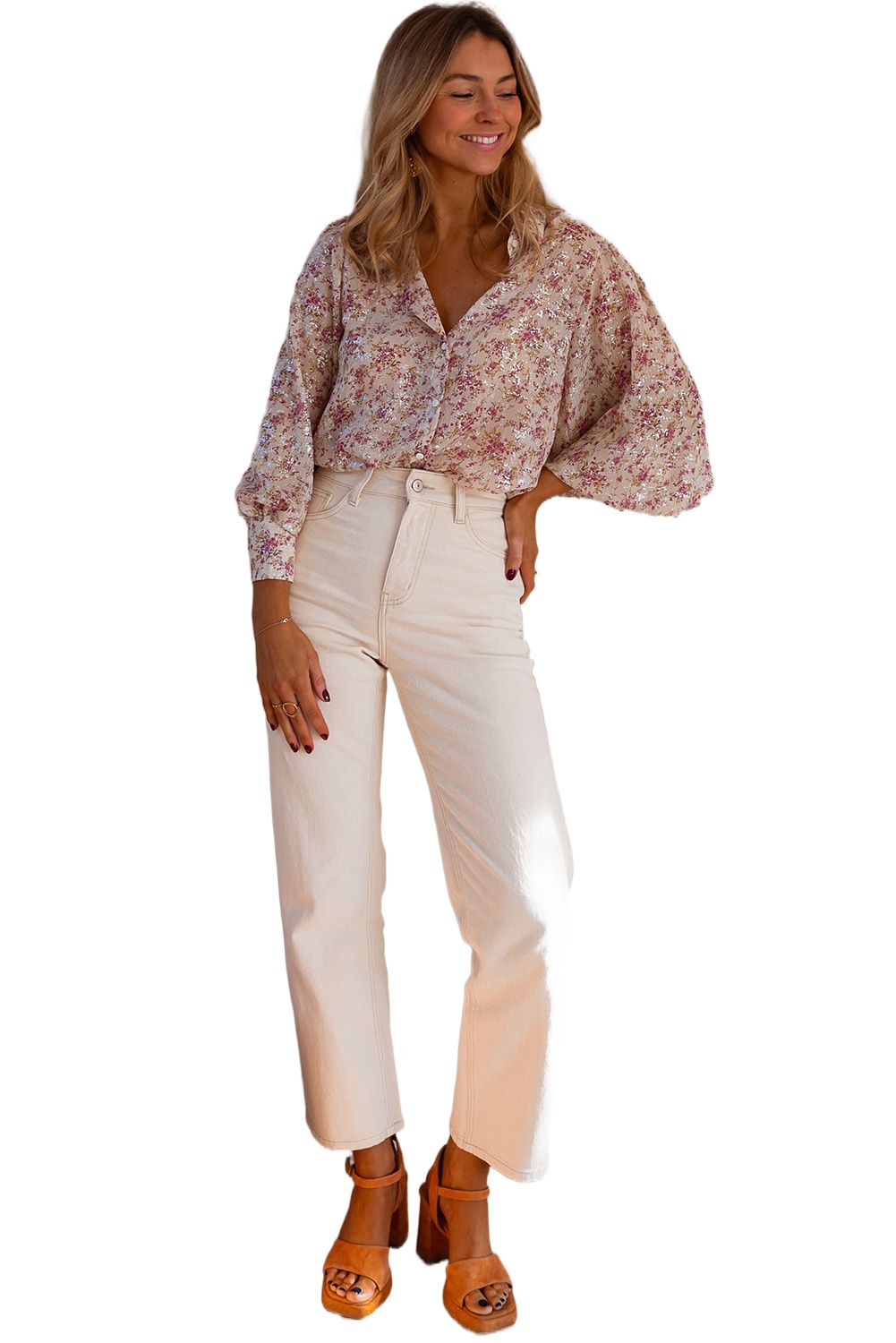 Women's Pink Floral Print Bishop Sleeve Collared V-Neck Shirt - Main View Women's Pink Floral Print Bishop Sleeve Collared V-Neck Shirt - Main View