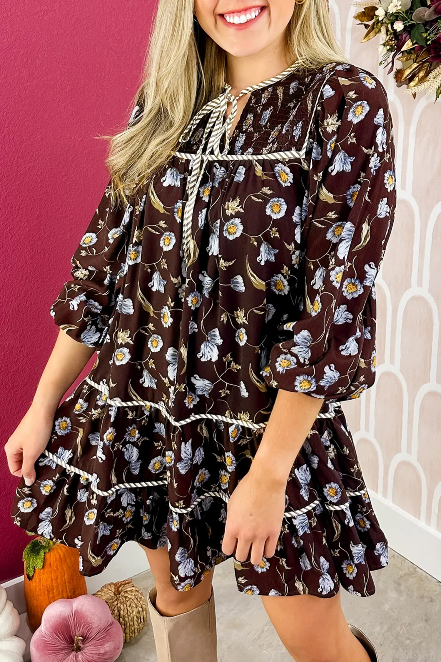 Women's Floral Print V Neck Dress, Long Sleeve Mini - Detail View 5 Women's Floral Print V Neck Dress, Long Sleeve Mini - Detail View 5