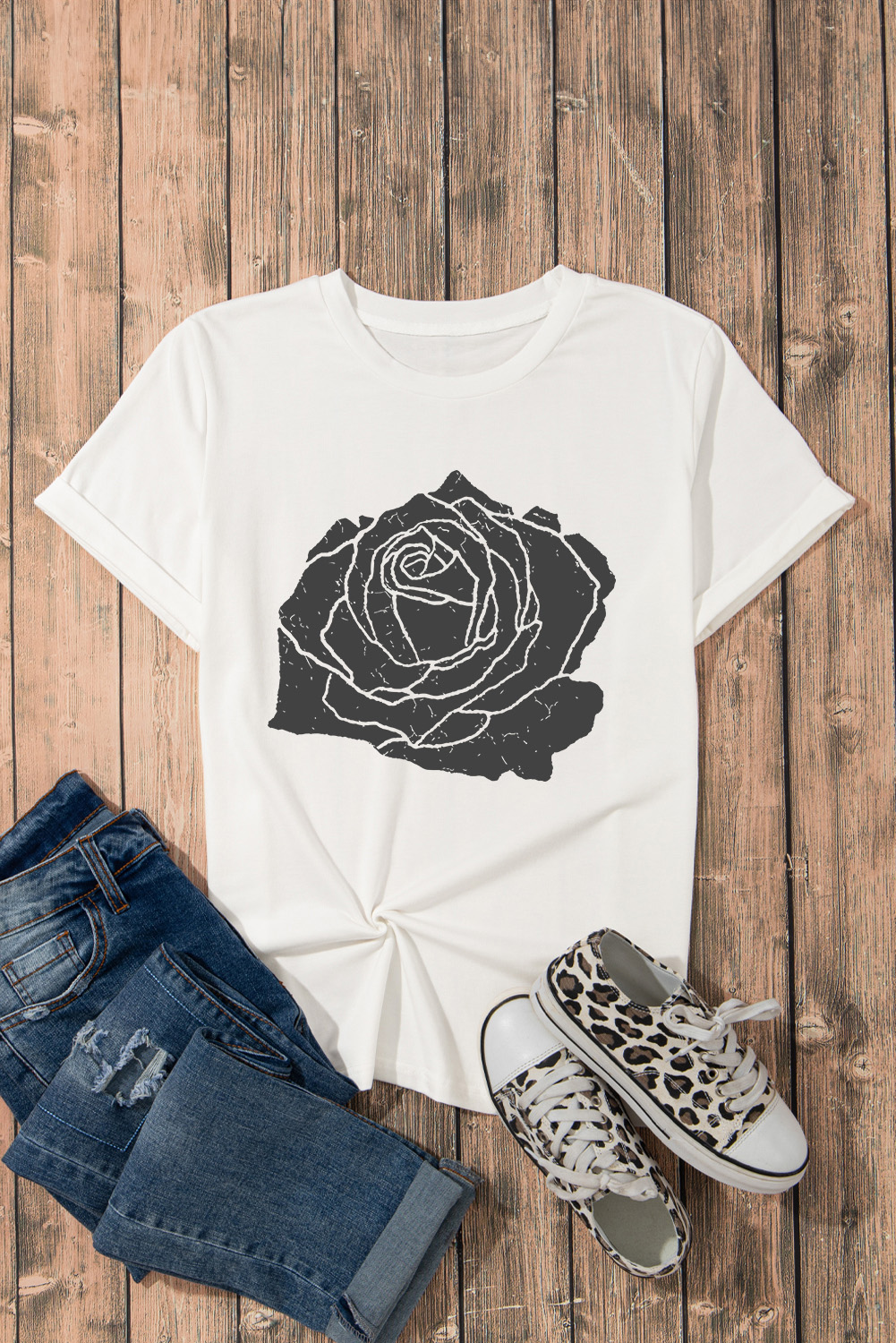 Women's Graphic Tee, White, Large Rose Print, Round Neck, Short Sleeve, Casual Style, Breathable Fabric, Soft Material, Feminine Touch, Daily Wear, Graphic Print, Chic Look, Trendy Tee, Upper Body - Detail View 10 Women's Graphic Tee, White, Large Rose Print, Round Neck, Short Sleeve, Casual Style, Breathable Fabric, Soft Material, Feminine Touch, Daily Wear, Graphic Print, Chic Look, Trendy Tee, Upper Body - Detail View 10