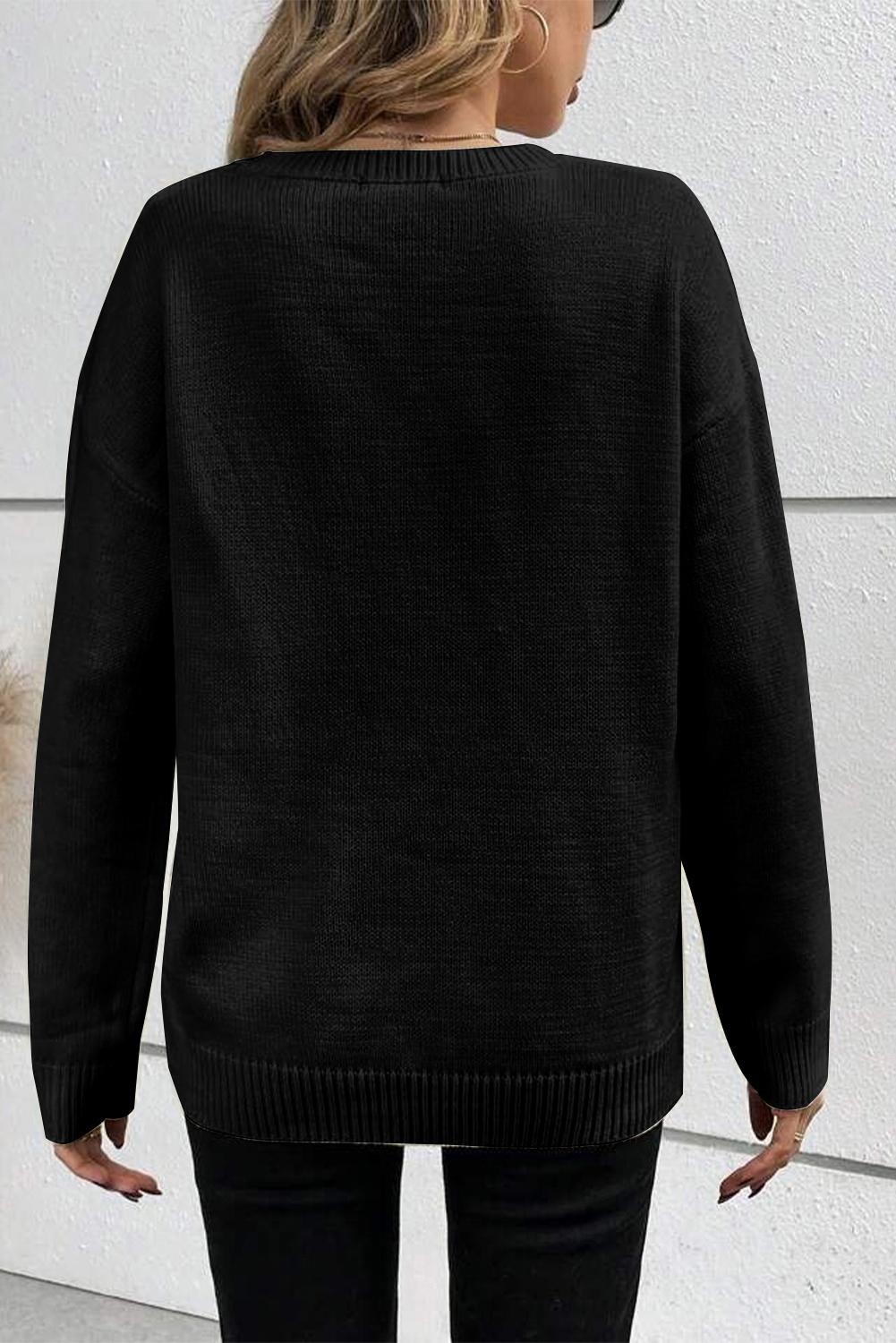 Casual Halloween Sweater with Boo Pattern and Ribbed Trim - Detail View 2 Casual Halloween Sweater with Boo Pattern and Ribbed Trim - Detail View 2