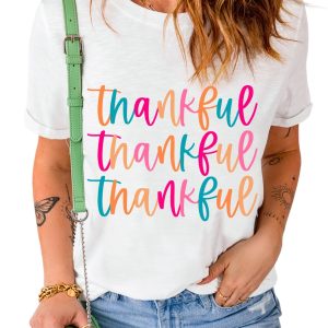 Women's White Thankful Printed Crewneck Thanksgiving T-Shirt - Main View