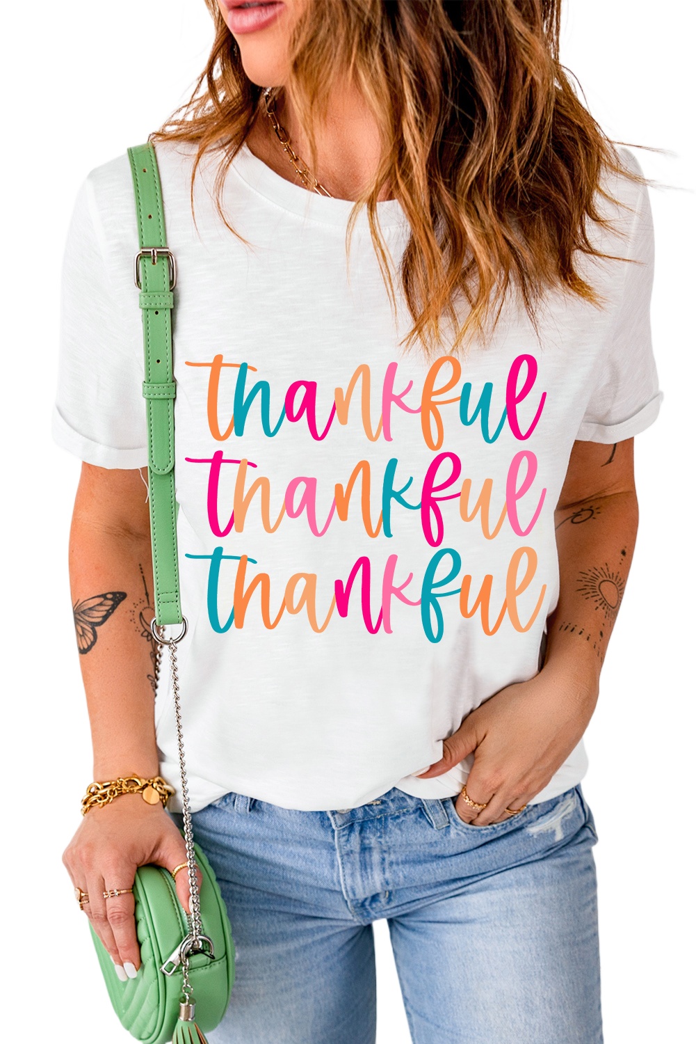 Women's White Thankful Printed Crewneck Thanksgiving T-Shirt - Main View Women's White Thankful Printed Crewneck Thanksgiving T-Shirt - Main View