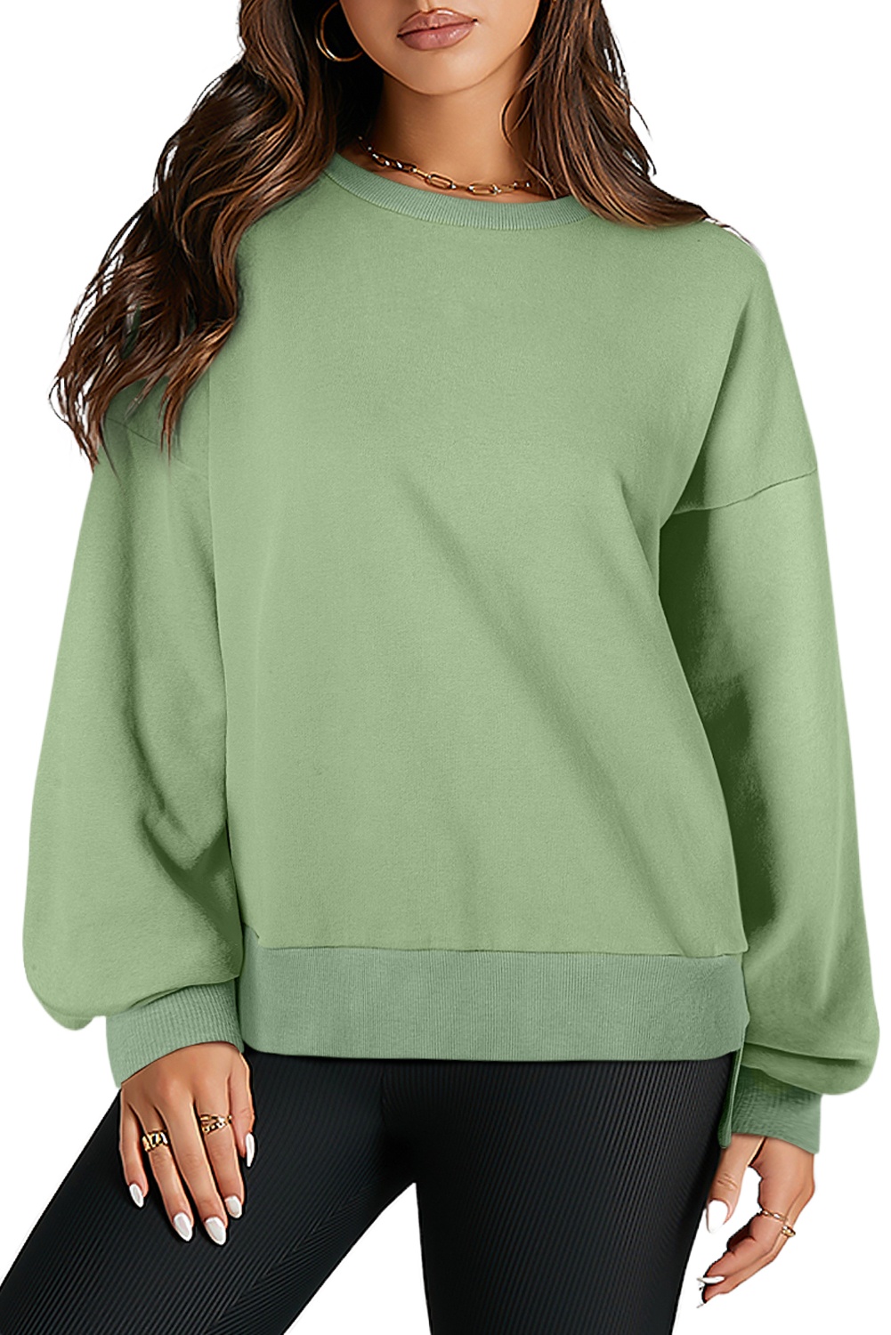 Grass Green Fleece Lined Drop Shoulder High Low Sweatshirt for Women - Main View Grass Green Fleece Lined Drop Shoulder High Low Sweatshirt for Women - Main View