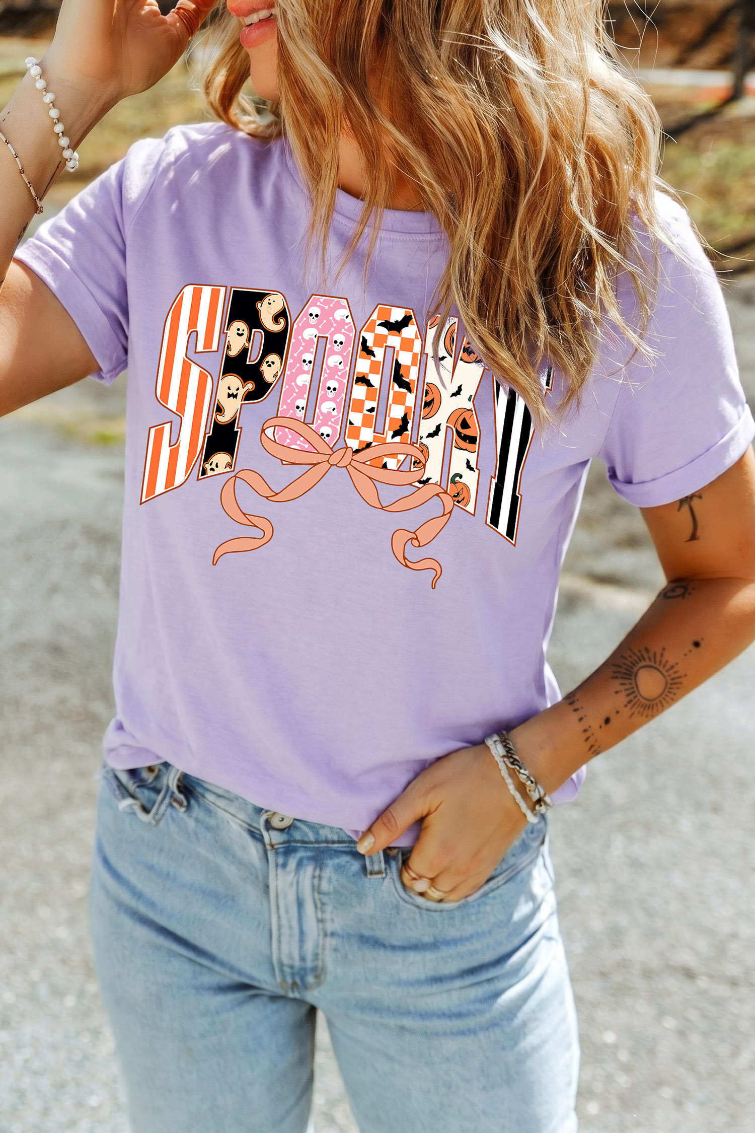 Women's Spooky Halloween T Shirt, Casual Orchid Petal Top - Detail View 7 Women's Spooky Halloween T Shirt, Casual Orchid Petal Top - Detail View 7