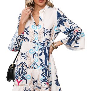 Women's White Printed Tribal Print Bracelet Sleeve Buttoned Mini Dress - Main View