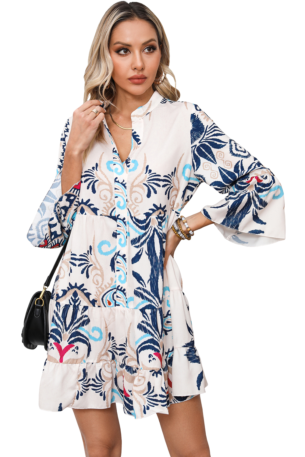 Women's White Printed Tribal Print Bracelet Sleeve Buttoned Mini Dress - Main View Women's White Printed Tribal Print Bracelet Sleeve Buttoned Mini Dress - Main View