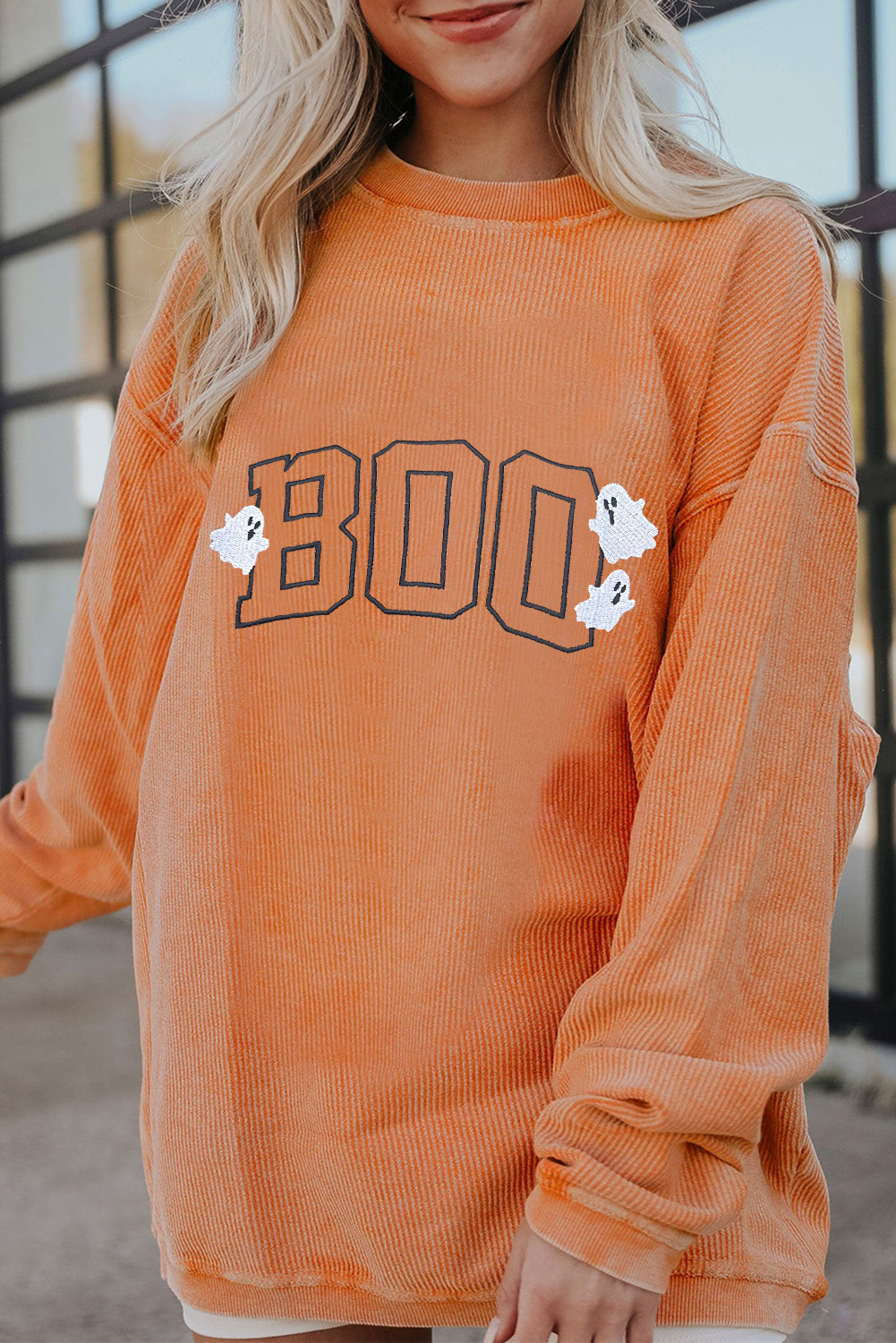 Casual Long Sleeve Graphic Sweatshirt with Spooky BOO Design for Halloween - Detail View 2 Casual Long Sleeve Graphic Sweatshirt with Spooky BOO Design for Halloween - Detail View 2