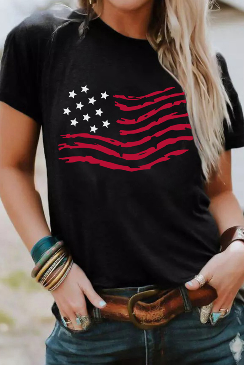 Black Casual Short Sleeve Tee with American Flag Pattern - Detail View 2 Black Casual Short Sleeve Tee with American Flag Pattern - Detail View 2