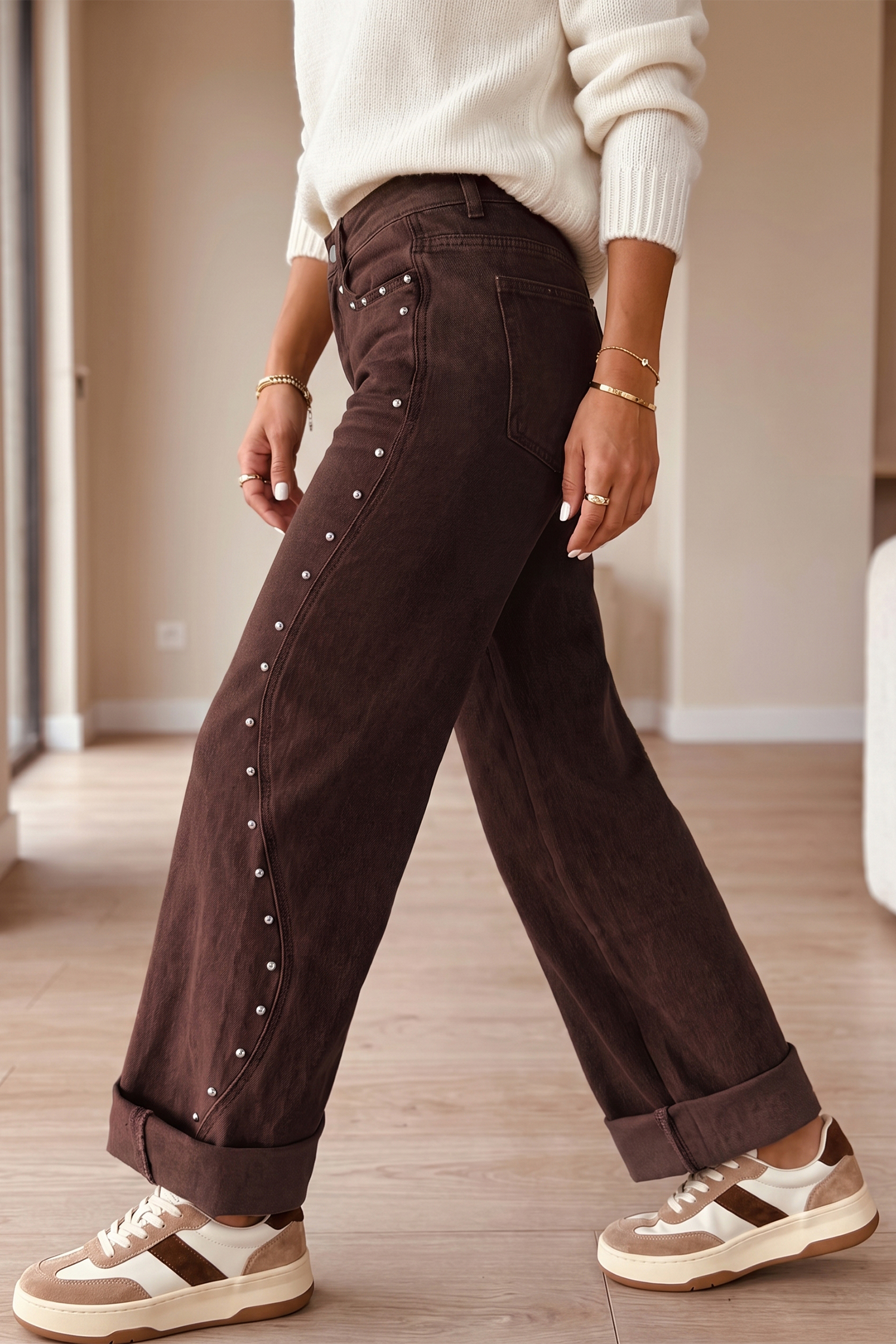 Chic Rivet Trim Wide Leg Jeans, Coffee Casual Denim Trousers - Detail View 2 Chic Rivet Trim Wide Leg Jeans, Coffee Casual Denim Trousers - Detail View 2