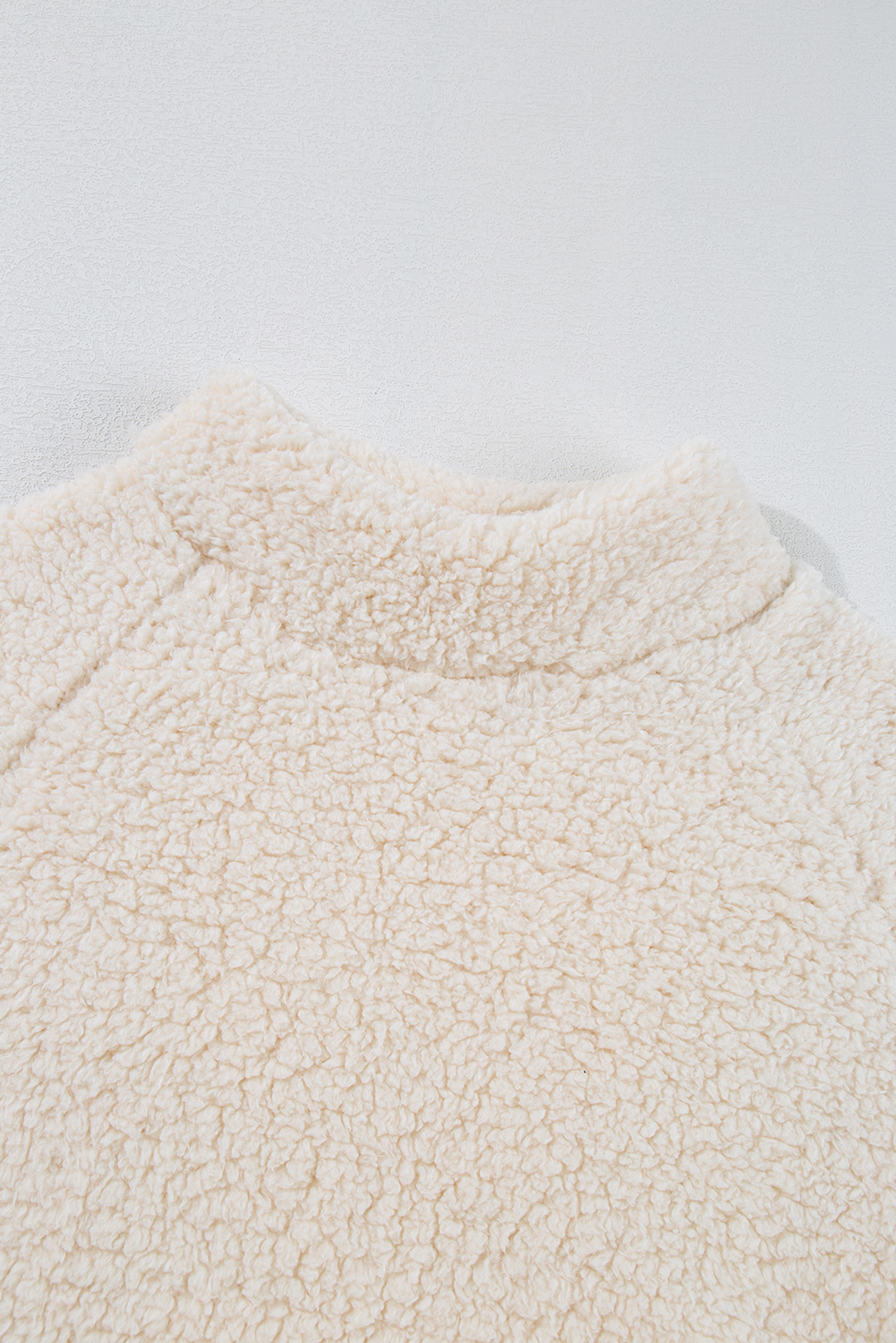 Women's White Solid Fleece High Neck Drop Shoulder Pullover Sweatshirt - Detail View 9 Women's White Solid Fleece High Neck Drop Shoulder Pullover Sweatshirt - Detail View 9