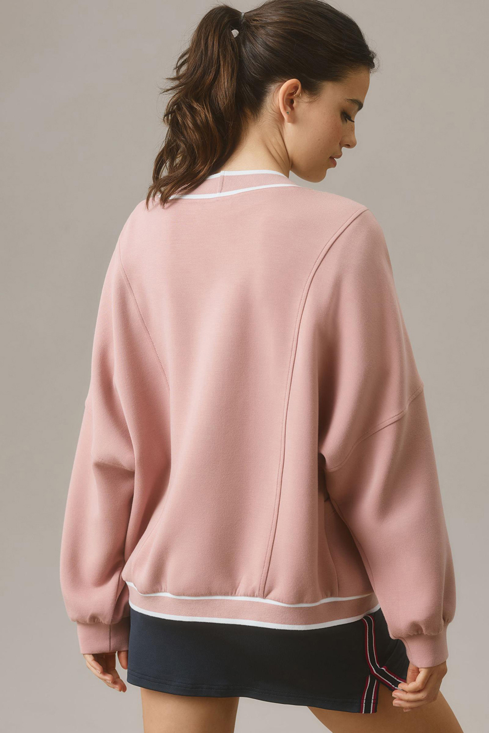 Casual Oversized Pink Stripe Cardigan with V Neck and Side Pockets - Detail View 2 Casual Oversized Pink Stripe Cardigan with V Neck and Side Pockets - Detail View 2
