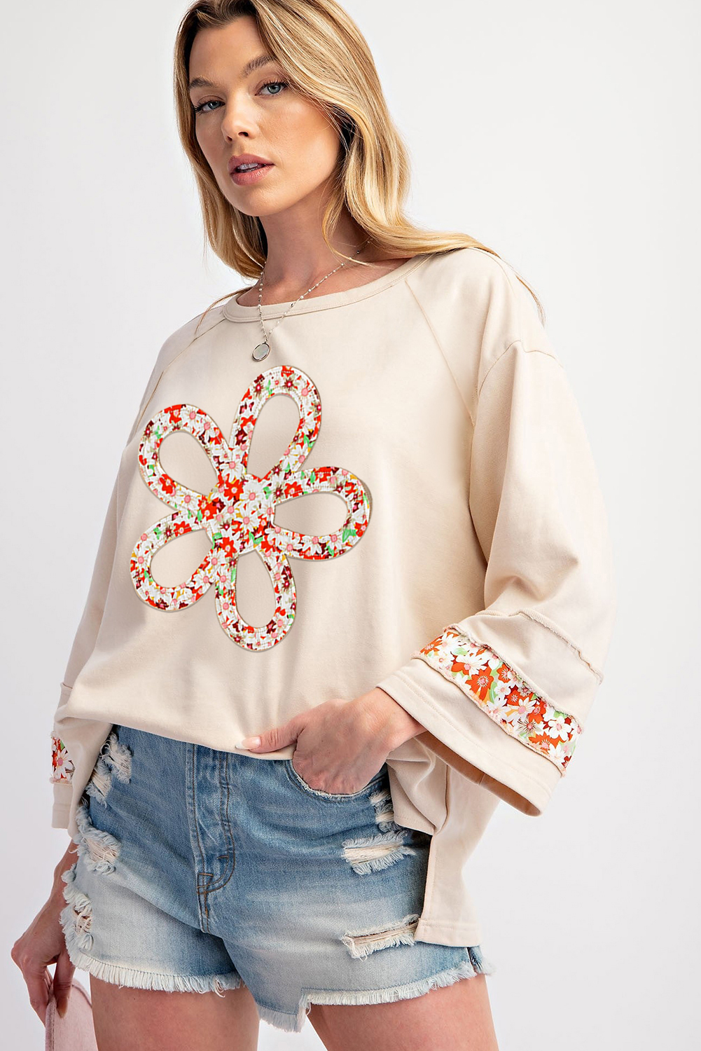 Loose Fit and Comfortable Wide Sleeve Tee with Chic Floral Graphic - Beige - Detail View 3 Loose Fit and Comfortable Wide Sleeve Tee with Chic Floral Graphic - Beige - Detail View 3