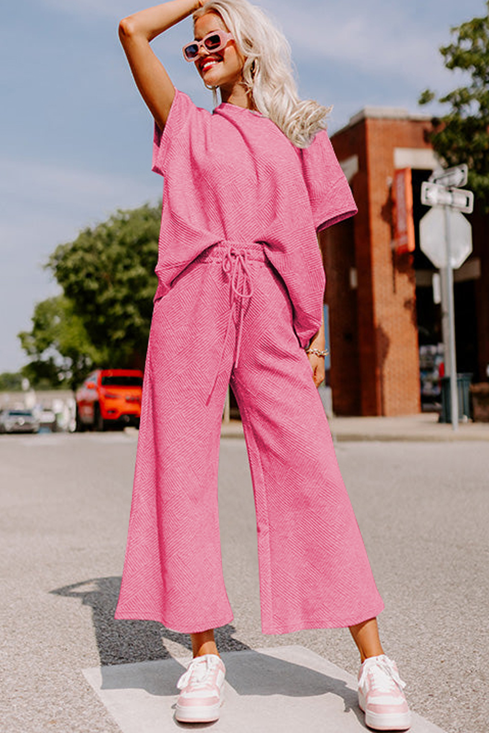 Women's Ribbed Lounge Set, Strawberry Pink Casual Outfit - Detail View 7 Women's Ribbed Lounge Set, Strawberry Pink Casual Outfit - Detail View 7