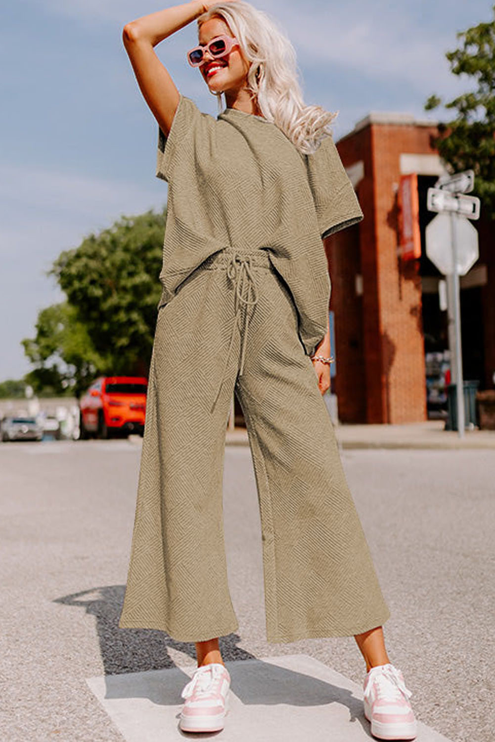 Women's Textured Lounge Set, Casual Short Sleeve Top and Pants - Detail View 4 Women's Textured Lounge Set, Casual Short Sleeve Top and Pants - Detail View 4