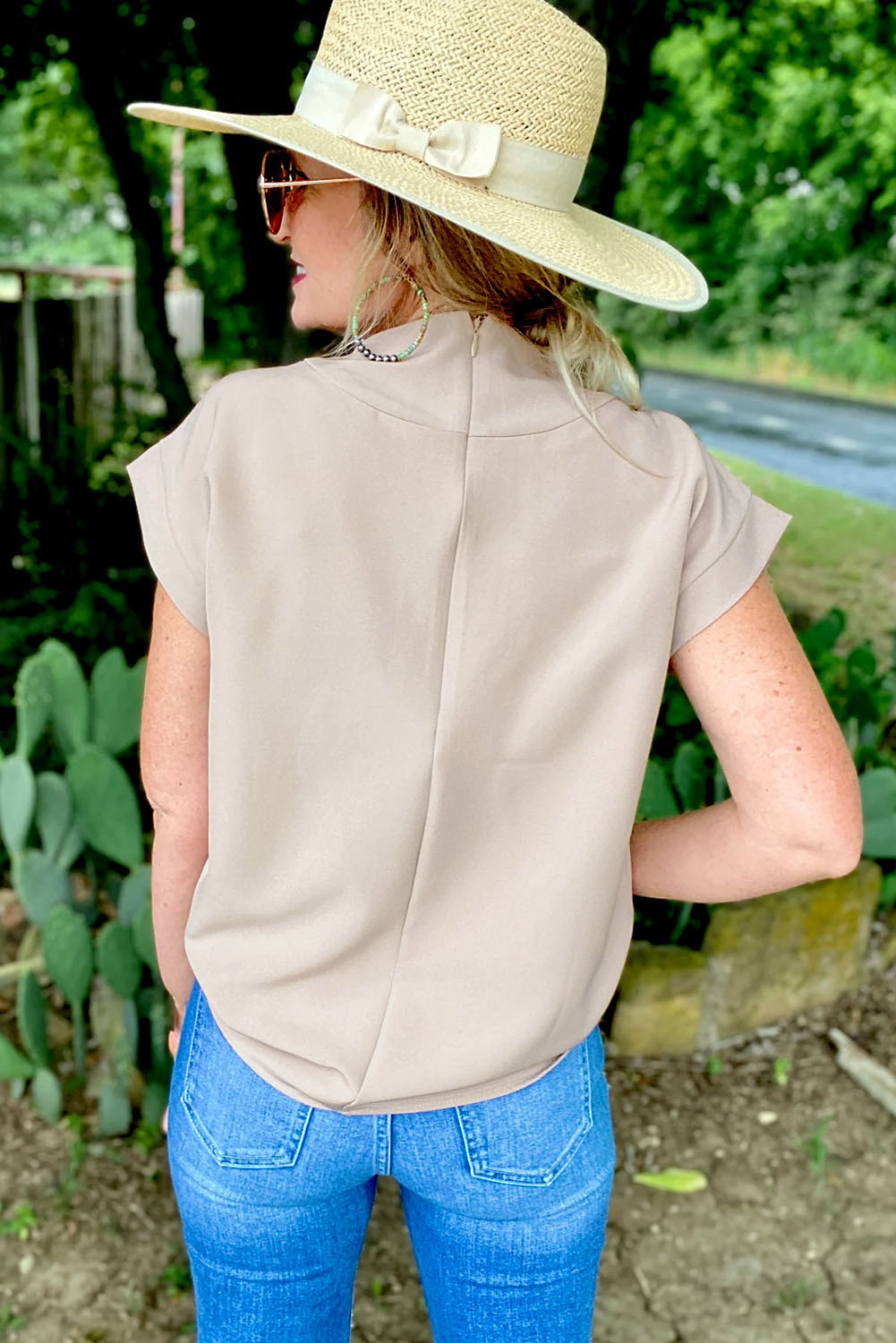 Oatmeal Solid Color Tee, Elegant Mock Neck Summer Shirt - Detail View 2 Oatmeal Solid Color Tee, Elegant Mock Neck Summer Shirt - Detail View 2
