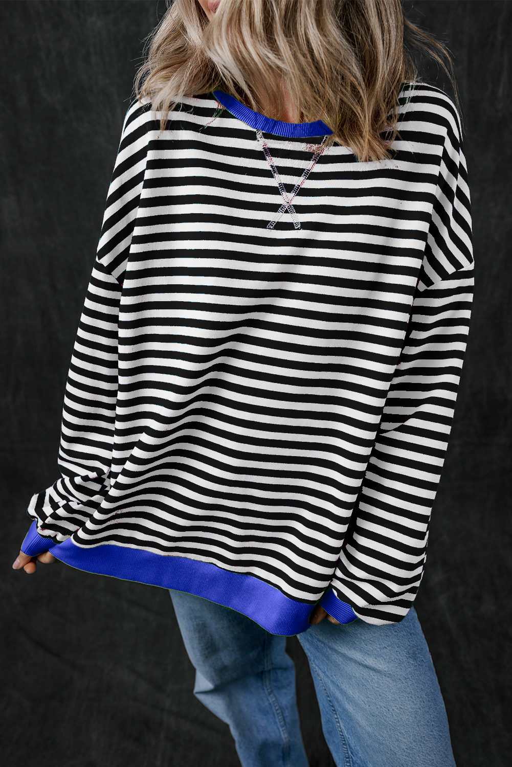Casual Long Sleeve Sweatshirt: Black Stripe, Oversized Fit - Detail View 2 Casual Long Sleeve Sweatshirt: Black Stripe, Oversized Fit - Detail View 2