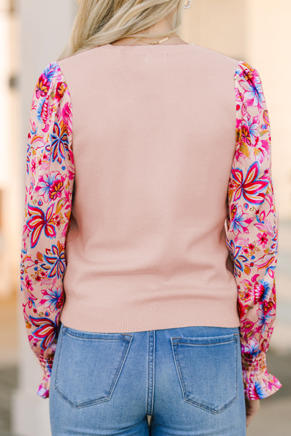 Chic and Cozy Oatmeal Sweater with Floral Patchwork Lantern Sleeves - Detail View 2 Chic and Cozy Oatmeal Sweater with Floral Patchwork Lantern Sleeves - Detail View 2