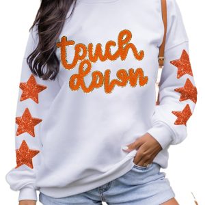 Women's Beige Star Sleeve Glittering Touch Down Patched Pattern Sweatshirt - Main View