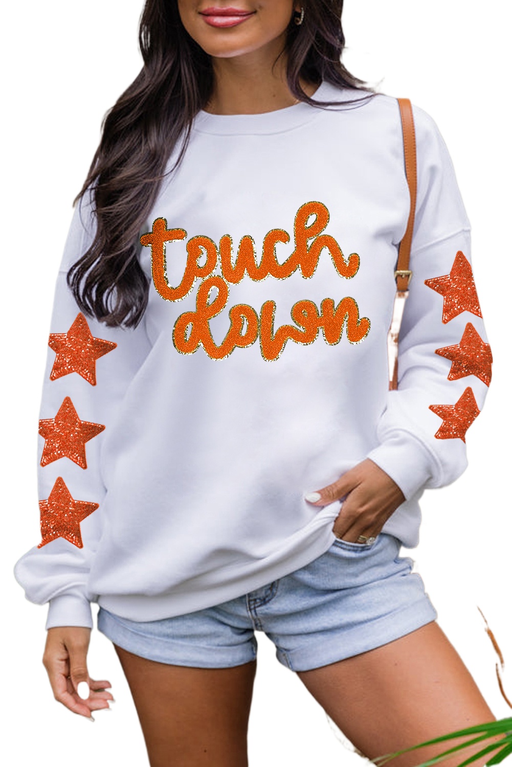 Women's Beige Star Sleeve Glittering Touch Down Patched Pattern Sweatshirt - Main View Women's Beige Star Sleeve Glittering Touch Down Patched Pattern Sweatshirt - Main View