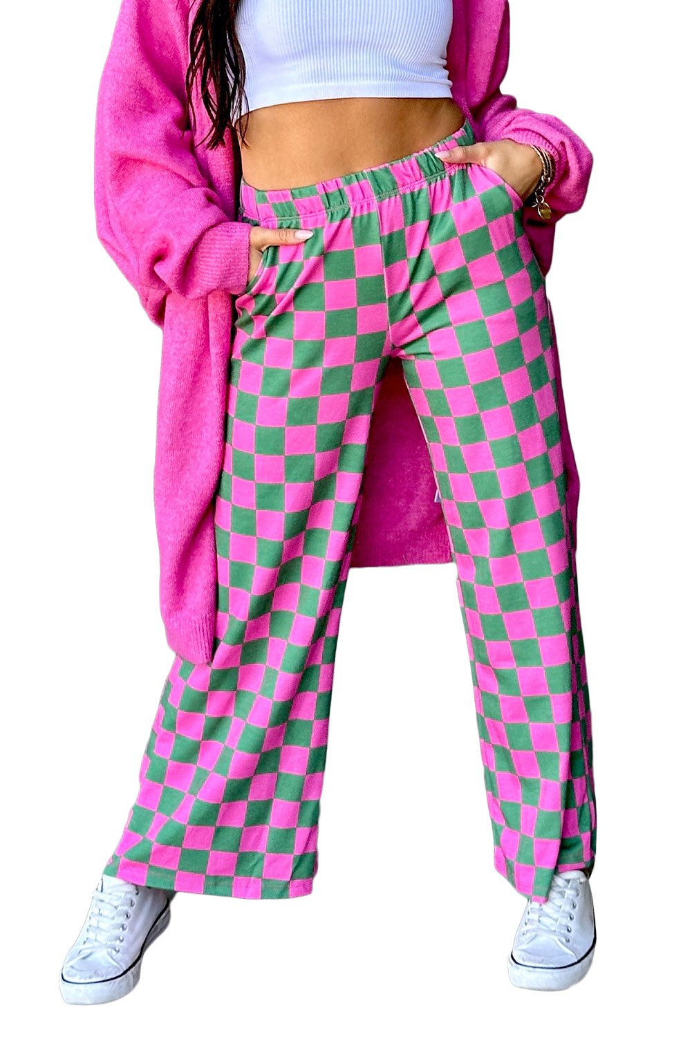 Retro-Inspired Wide Leg Pants with High Waist and 2-Tone Checked Print - Detail View 6 Retro-Inspired Wide Leg Pants with High Waist and 2-Tone Checked Print - Detail View 6