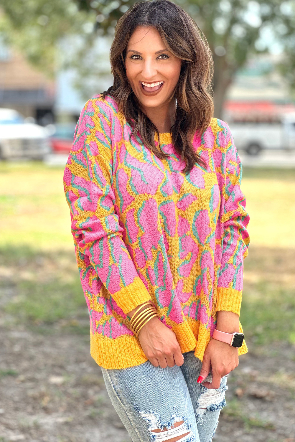 Casual Round Neck Sweater - Bold Abstract Print with Ribbed Trim - Detail View 3 Casual Round Neck Sweater - Bold Abstract Print with Ribbed Trim - Detail View 3