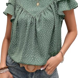 Women's Laurel Green Ruffle Sleeve Crew Neck Blouse with Dotted Pattern - Main View