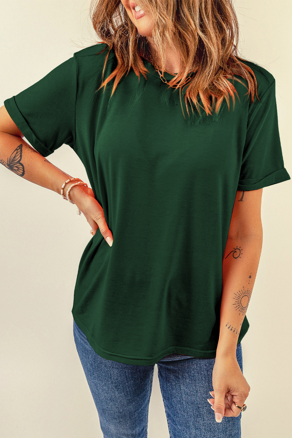 Women's Plain Green T-Shirt, Comfortable Daily Crew Neck Top - Detail View 2 Women's Plain Green T-Shirt, Comfortable Daily Crew Neck Top - Detail View 2