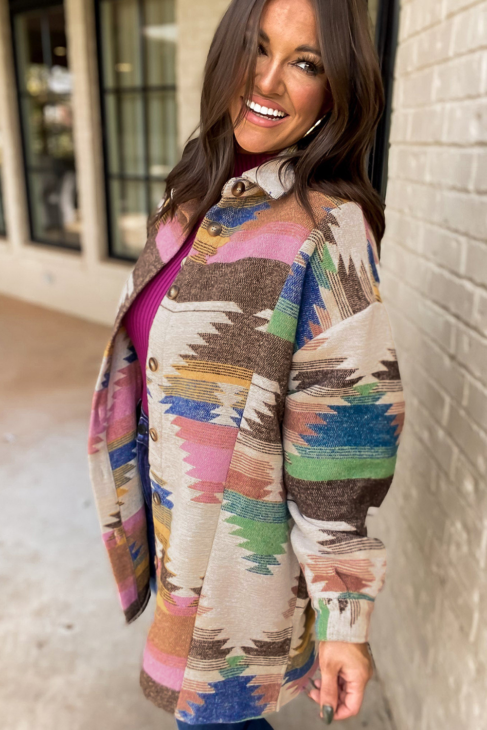 Comfortable and Stylish Outerwear for Fall and Autumn - White Aztec Print Shacket - Detail View 3 Comfortable and Stylish Outerwear for Fall and Autumn - White Aztec Print Shacket - Detail View 3