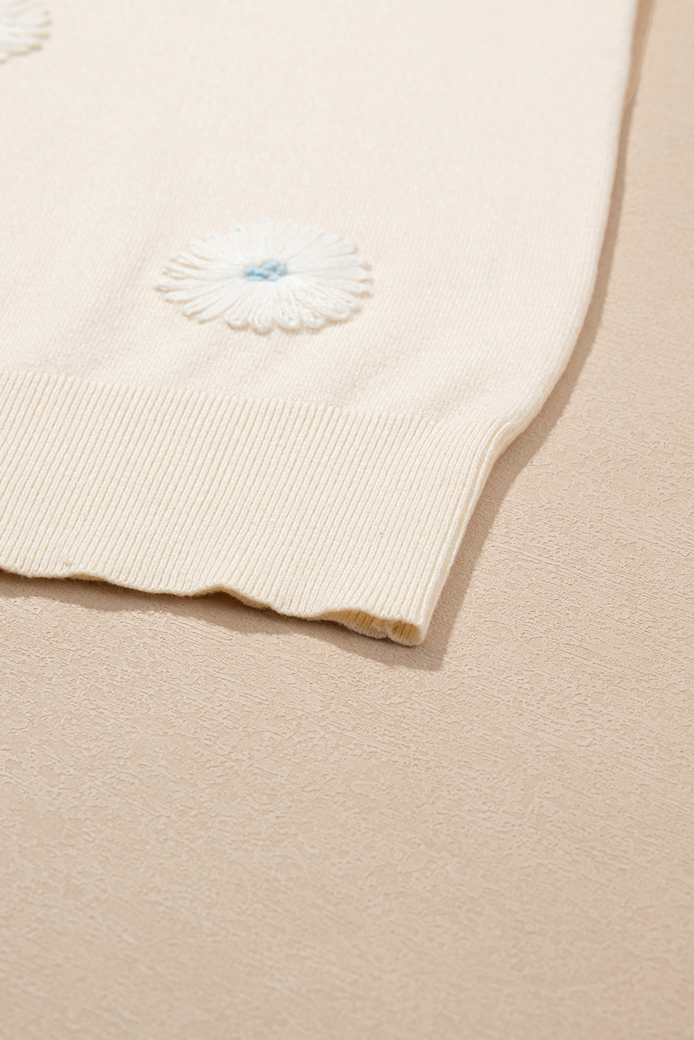 Women's Floral Embroidered Top, Beige Short Sleeve Knit - Detail View 10 Women's Floral Embroidered Top, Beige Short Sleeve Knit - Detail View 10