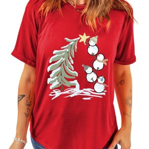 Festive Women's Red Christmas Tree & Snowman Printed Crewneck T-Shirt - Main View