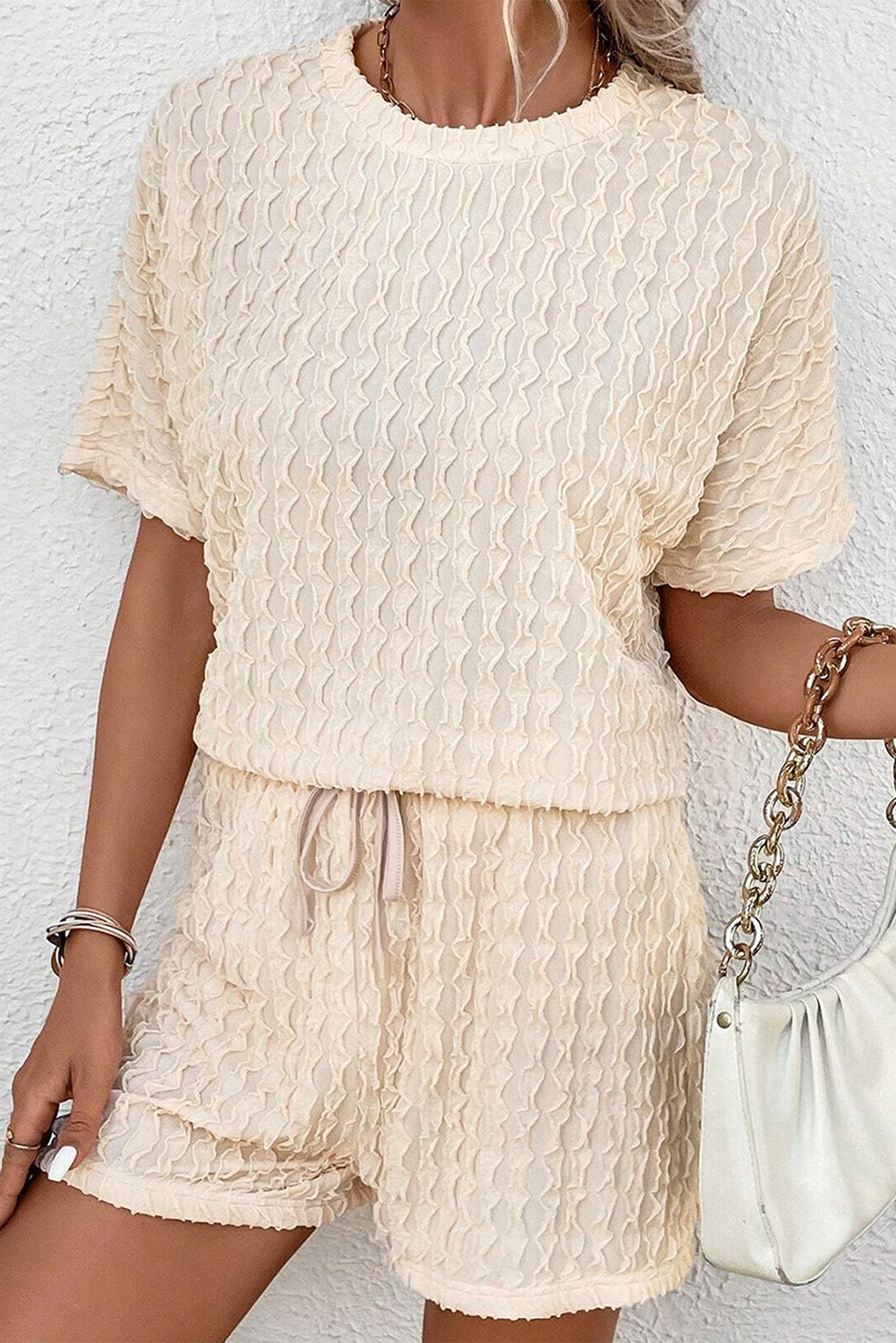 Women's Textured Two Piece Set, Casual Beige Loungewear - Detail View 7 Women's Textured Two Piece Set, Casual Beige Loungewear - Detail View 7