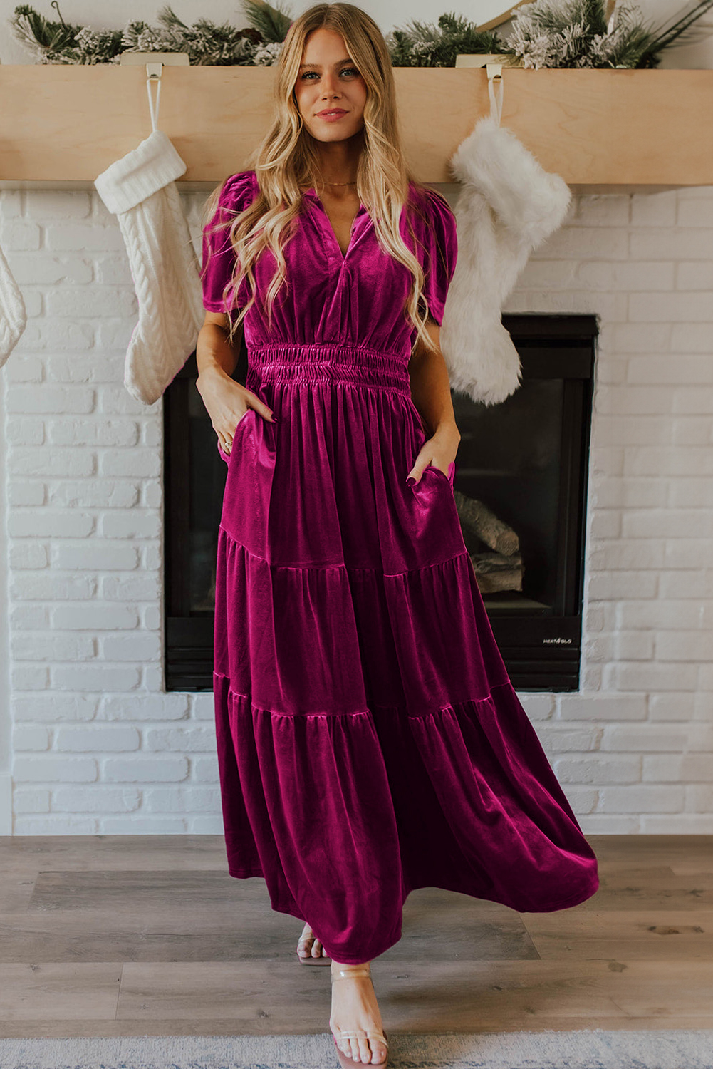 Add a touch of elegance and comfort to your daily look with this stunning Women's Red Dahlia Velvet Tiered Maxi Dress. The short sleeves provide a chic and cooling solution for warmth, while the tiered design gives a bohemian-inspired look. The V-neckline accentuates your neckline and creates a flattering silhouette. Made from a soft and durable blend of 95% polyester and 5% elastane, this maxi dress exudes comfort and style. The high-waisted design paired with the shirred waist creates a beautiful and feminine shape. This dress is a must-have for your fall and autumn wardrobe, featuring delicate cuttings and attractive prices. Pair it with your favorite sandals or boots for a stylish and effortless look. - Detail View 4 Add a touch of elegance and comfort to your daily look with this stunning Women's Red Dahlia Velvet Tiered Maxi Dress. The short sleeves provide a chic and cooling solution for warmth, while the tiered design gives a bohemian-inspired look. The V-neckline accentuates your neckline and creates a flattering silhouette. Made from a soft and durable blend of 95% polyester and 5% elastane, this maxi dress exudes comfort and style. The high-waisted design paired with the shirred waist creates a beautiful and feminine shape. This dress is a must-have for your fall and autumn wardrobe, featuring delicate cuttings and attractive prices. Pair it with your favorite sandals or boots for a stylish and effortless look. - Detail View 4