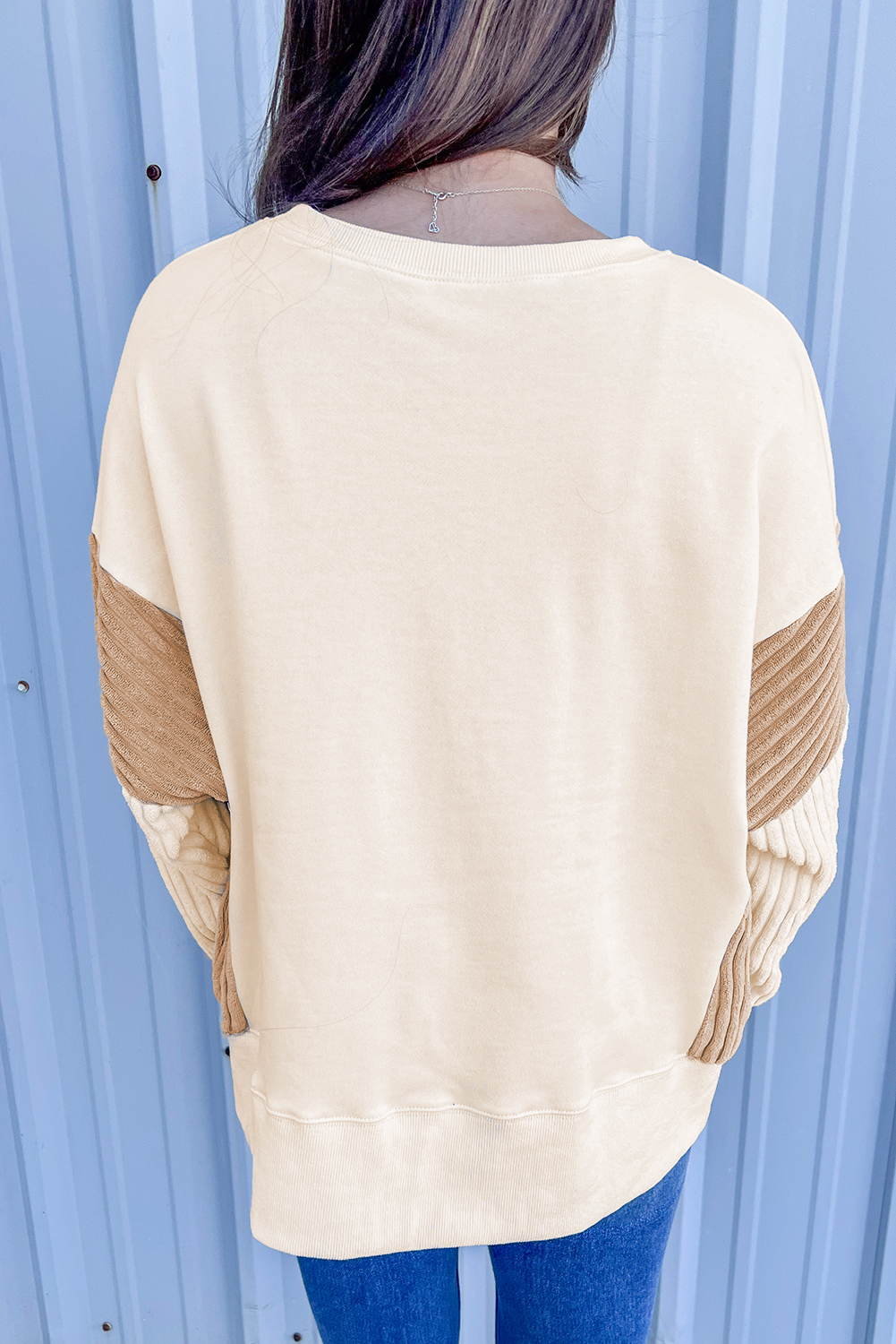 Stylish Casual Sweatshirt: Corduroy Patchwork Sleeves, Apricot - Detail View 2 Stylish Casual Sweatshirt: Corduroy Patchwork Sleeves, Apricot - Detail View 2