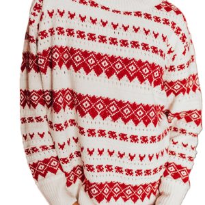Women's White Western Geometric Patterned Crew Neck Loose Sweater - Main View