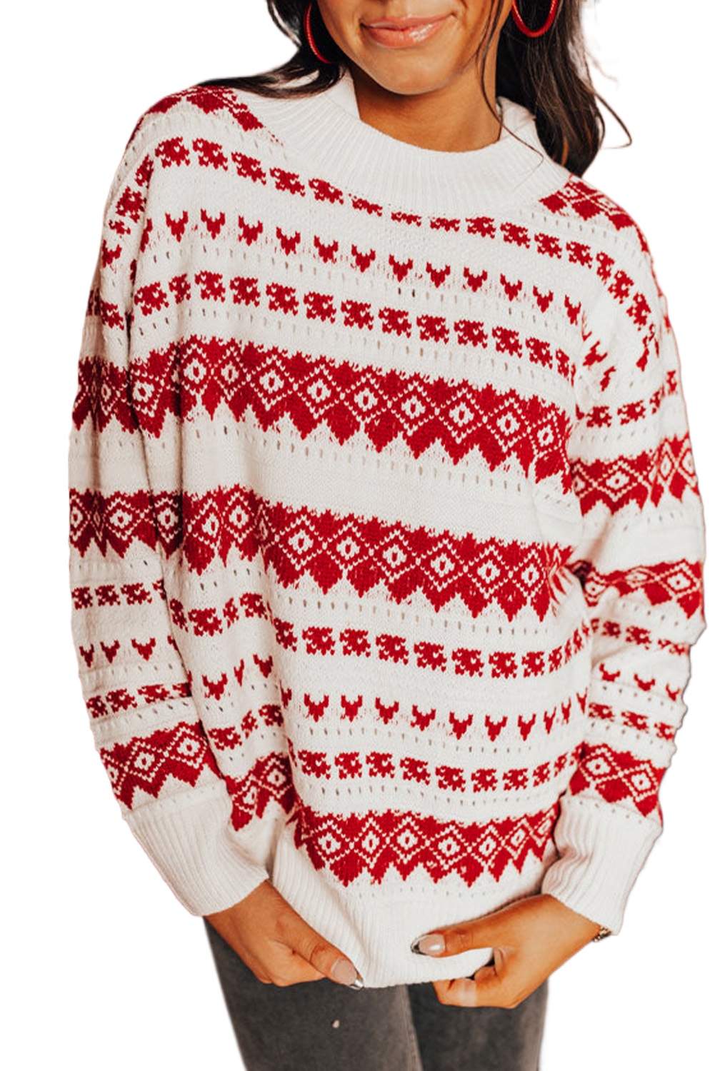 Women's White Western Geometric Patterned Crew Neck Loose Sweater - Main View Women's White Western Geometric Patterned Crew Neck Loose Sweater - Main View