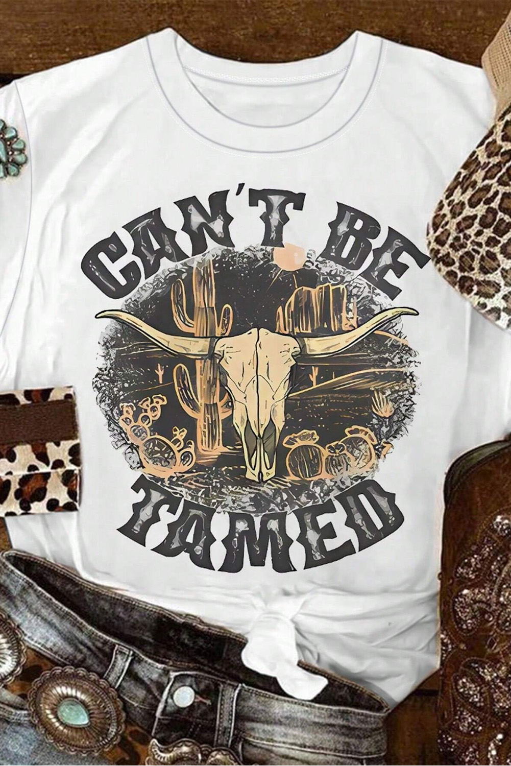 Graphic Western Tee - White Cant Be Tamed Steer Head Design - Detail View 2 Graphic Western Tee - White Cant Be Tamed Steer Head Design - Detail View 2
