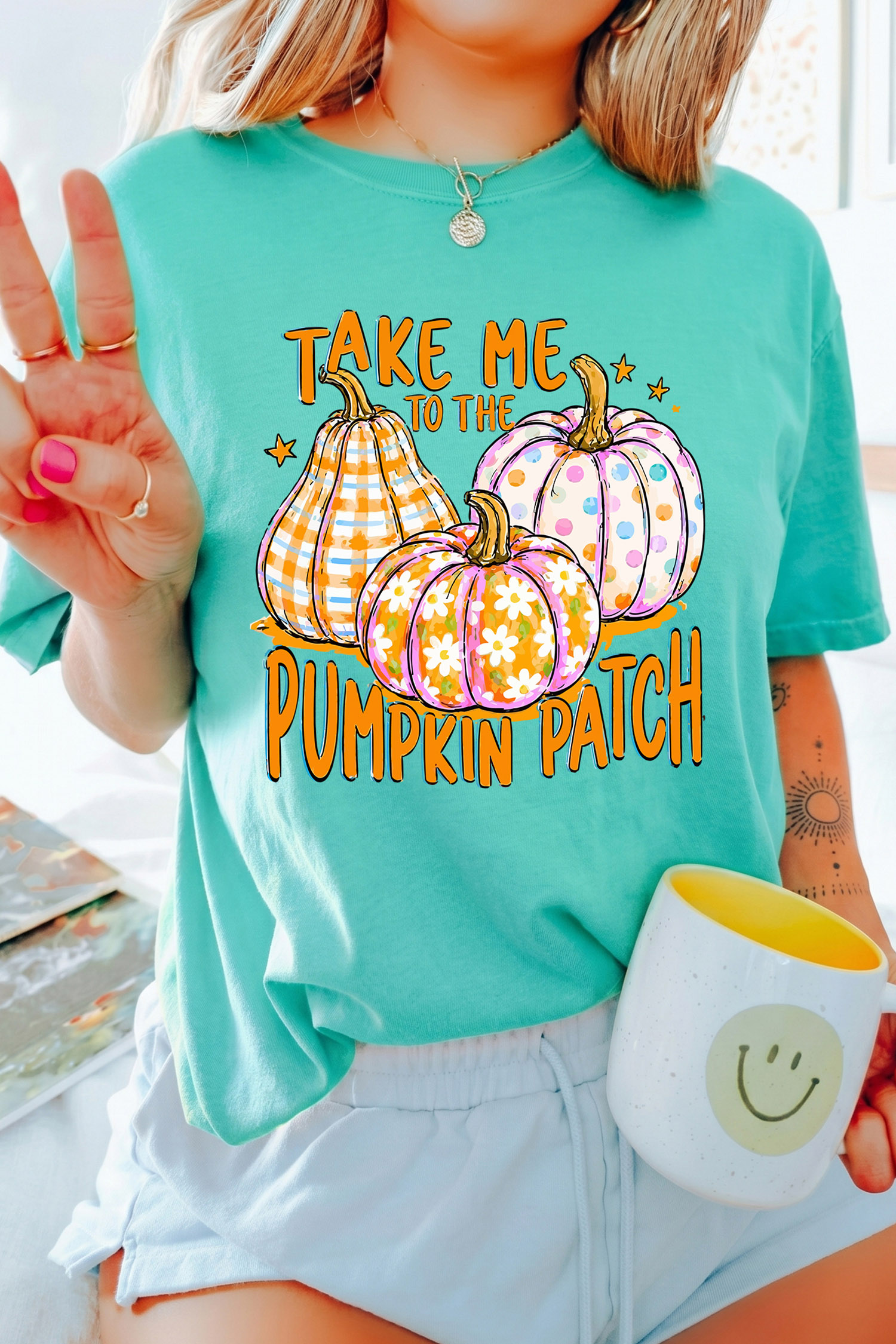 Women's Pumpkin Graphic Tee, Mint Green Casual Short Sleeve - Detail View 7 Women's Pumpkin Graphic Tee, Mint Green Casual Short Sleeve - Detail View 7