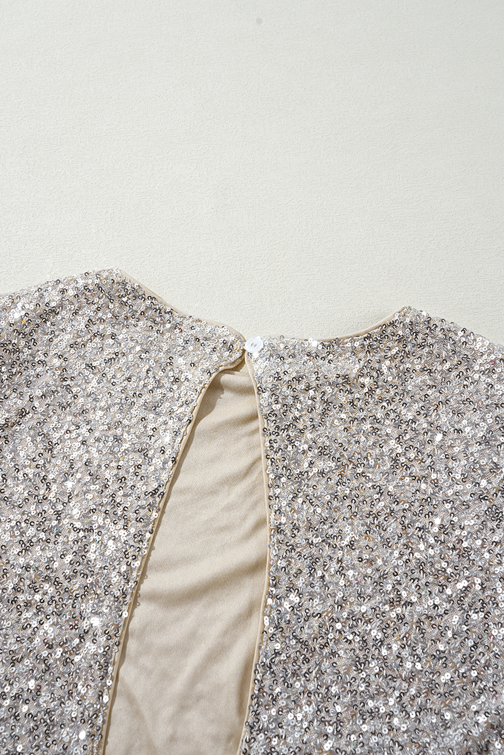 Luxurious Silvery Sequin Blouse with Long Puff Sleeves and Daring Cutout Back - Detail View 13 Luxurious Silvery Sequin Blouse with Long Puff Sleeves and Daring Cutout Back - Detail View 13