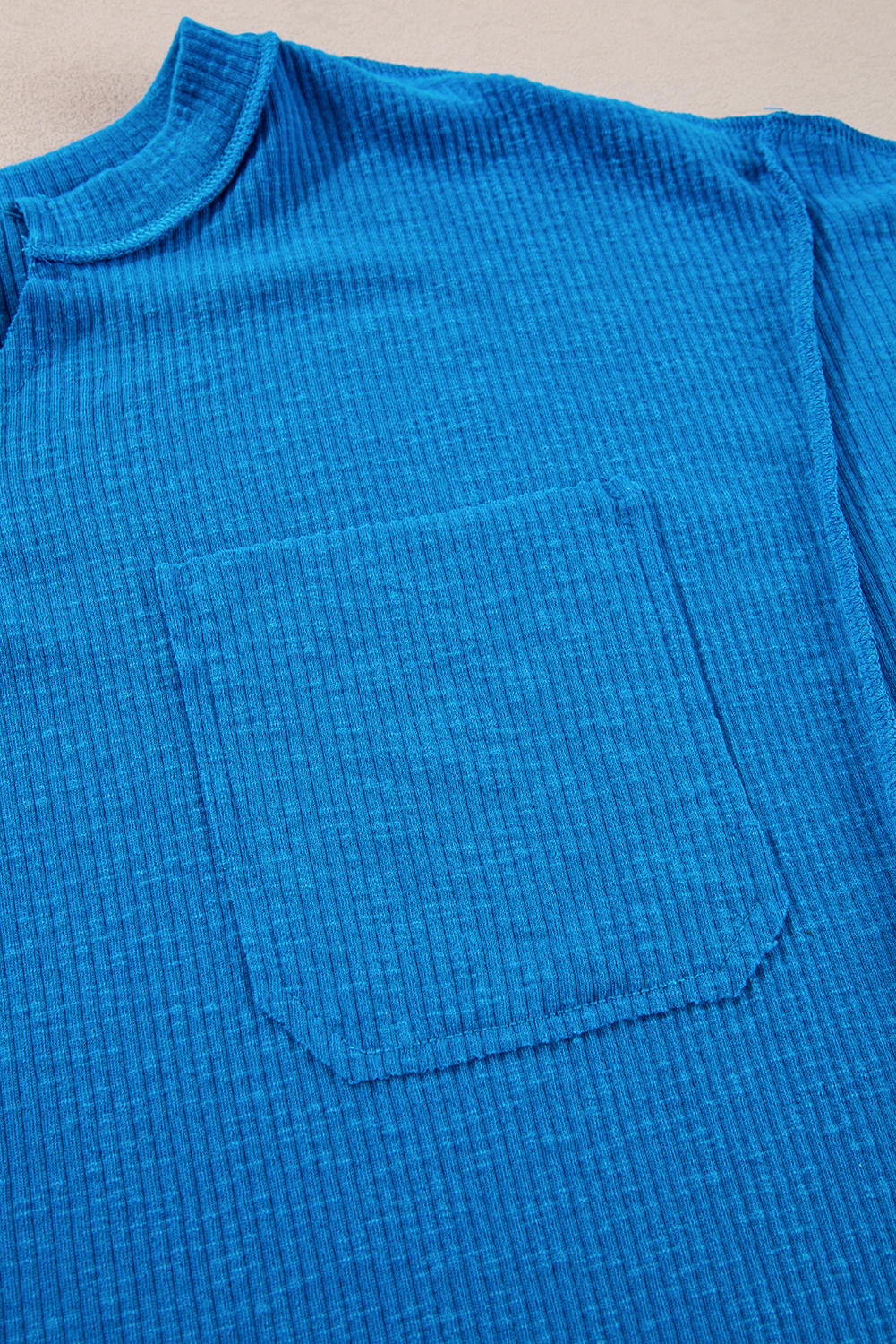 Women's Long Sleeve Top, Blue Ribbed Top, Exposed Seam, V Neck, Casual Style, Comfortable Fit, Daily Wear, Fall Fashion, Solid Color, Trendy Design, Relaxed Look, Tops, Long Sleeve Tops - Detail View 8 Women's Long Sleeve Top, Blue Ribbed Top, Exposed Seam, V Neck, Casual Style, Comfortable Fit, Daily Wear, Fall Fashion, Solid Color, Trendy Design, Relaxed Look, Tops, Long Sleeve Tops - Detail View 8