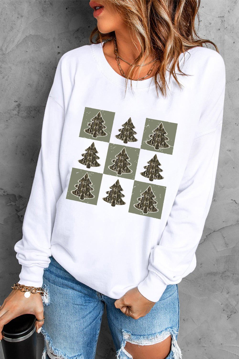 Women's Beige Christmas Tree Checker Print Drop Shoulder Sweatshirt - Detail View 5 Women's Beige Christmas Tree Checker Print Drop Shoulder Sweatshirt - Detail View 5