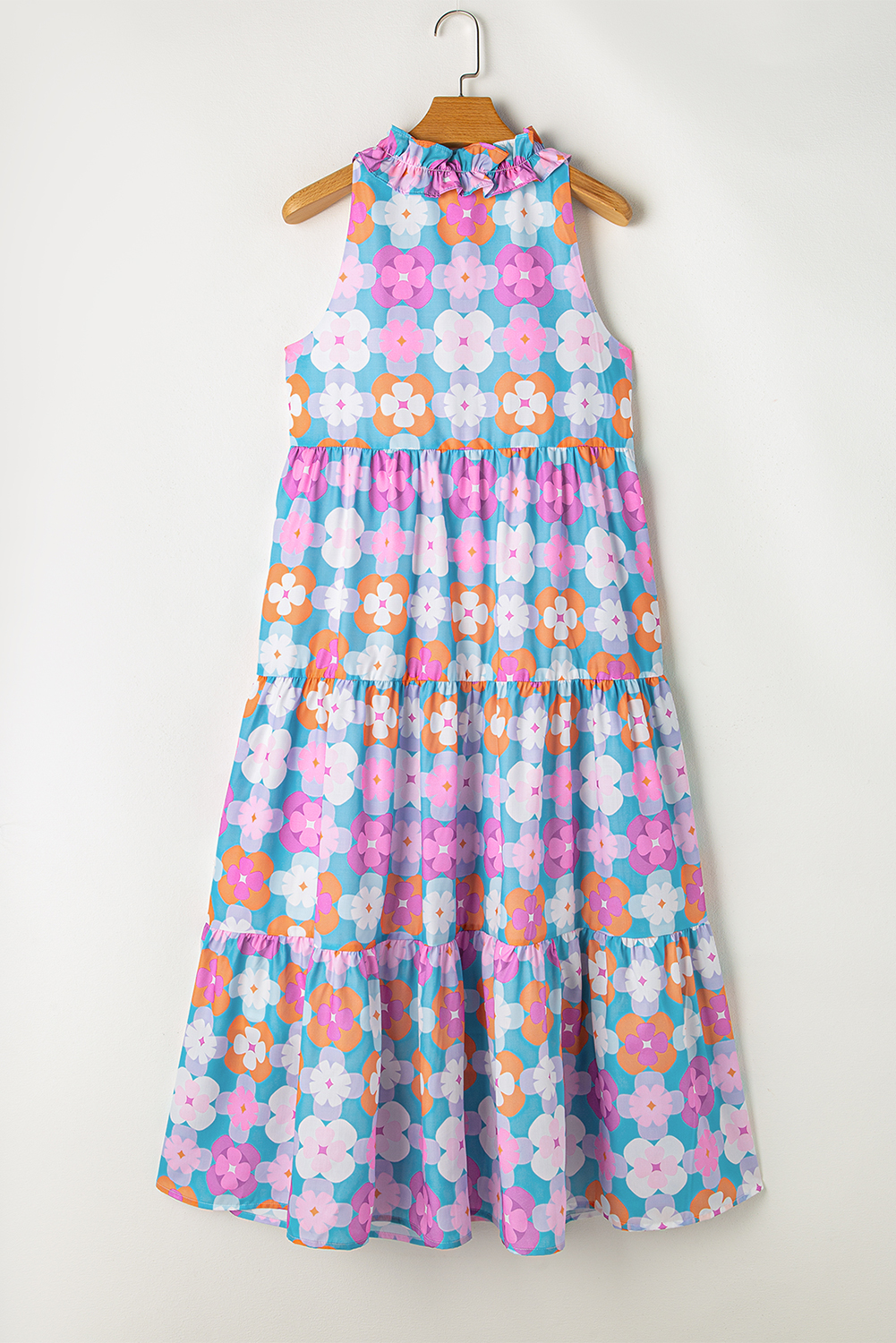 Women's Skirted Sleeveless Tiered Maxi Dress with Frilly Neck and Floral Print - Detail View 11 Women's Skirted Sleeveless Tiered Maxi Dress with Frilly Neck and Floral Print - Detail View 11