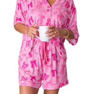 Women's Pink Bow Print Half Sleeve Shirt and Shorts Pajamas Set - Main View