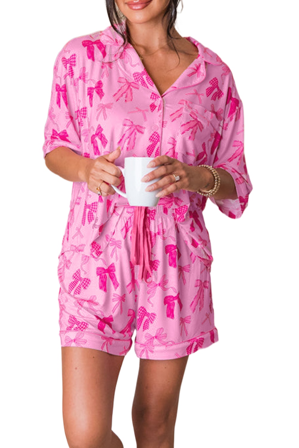 Women's Pink Bow Print Half Sleeve Shirt and Shorts Pajamas Set - Main View Women's Pink Bow Print Half Sleeve Shirt and Shorts Pajamas Set - Main View
